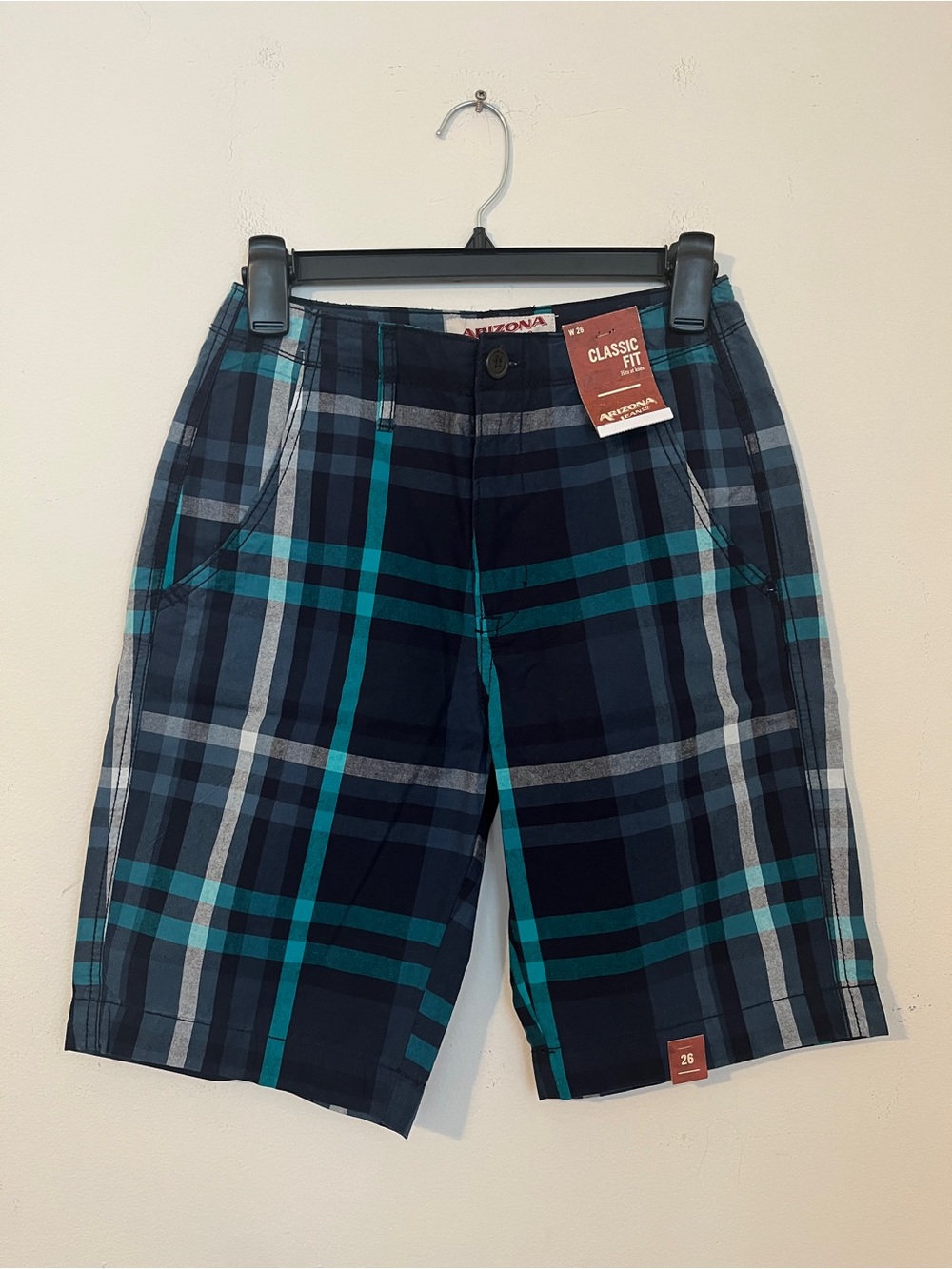 Arizona Jean Company Men’s Navy & Teal Plaid Flat Front shorts size W26 New